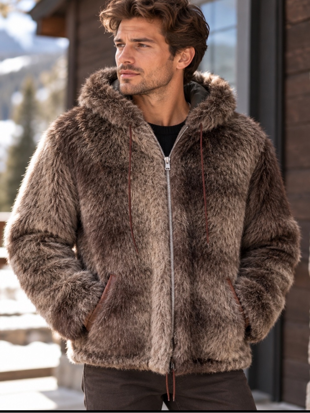 Lakeland Vintage Men's Brown Faux-Fur Hooded Jacket